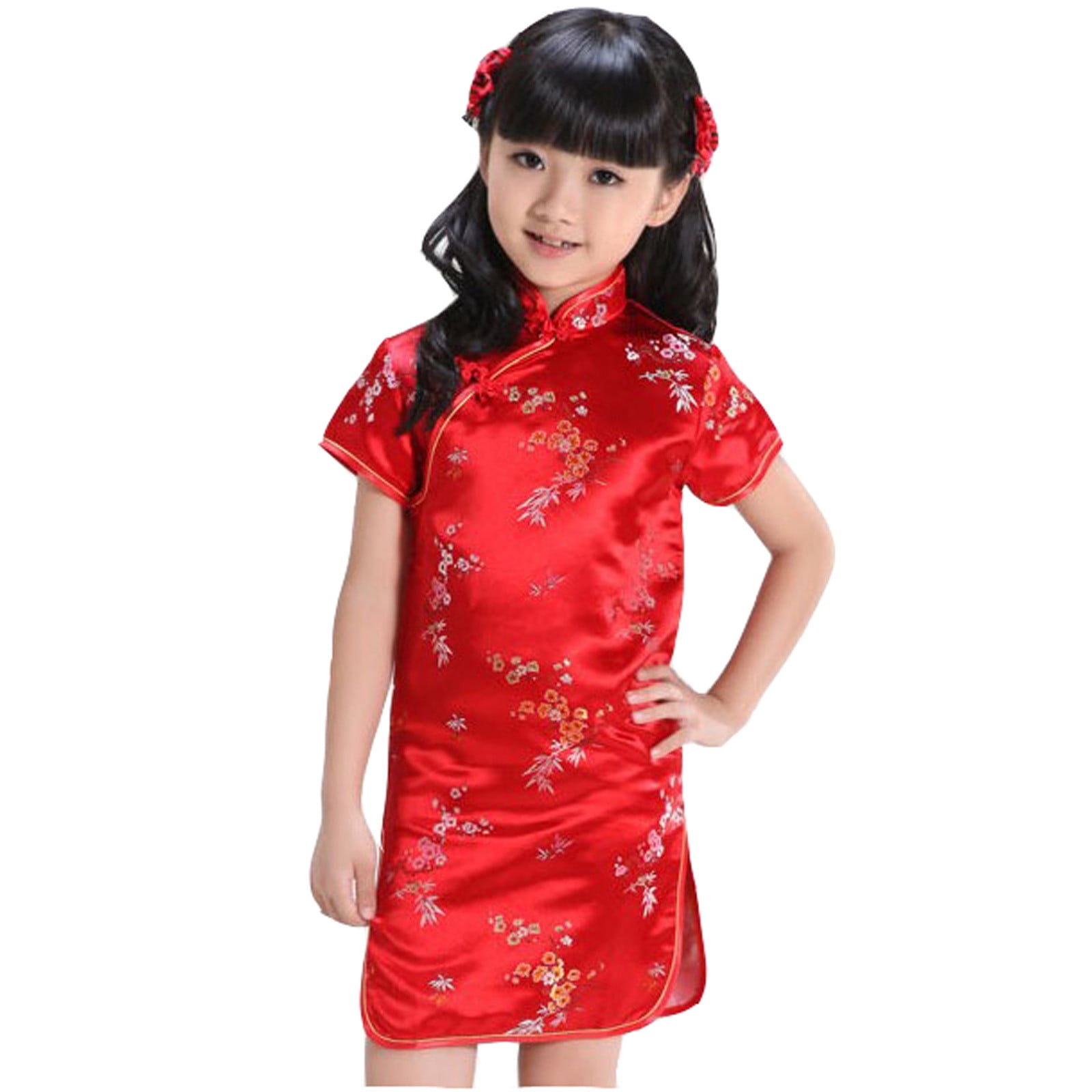 Rhuody Girls Dress Dress Qipao Baby Year Clothing Floral Short Sleeve Cheongsam Kids Birthday Party Outfits Toddler Sweet Casual Wear Red 4-5 Years