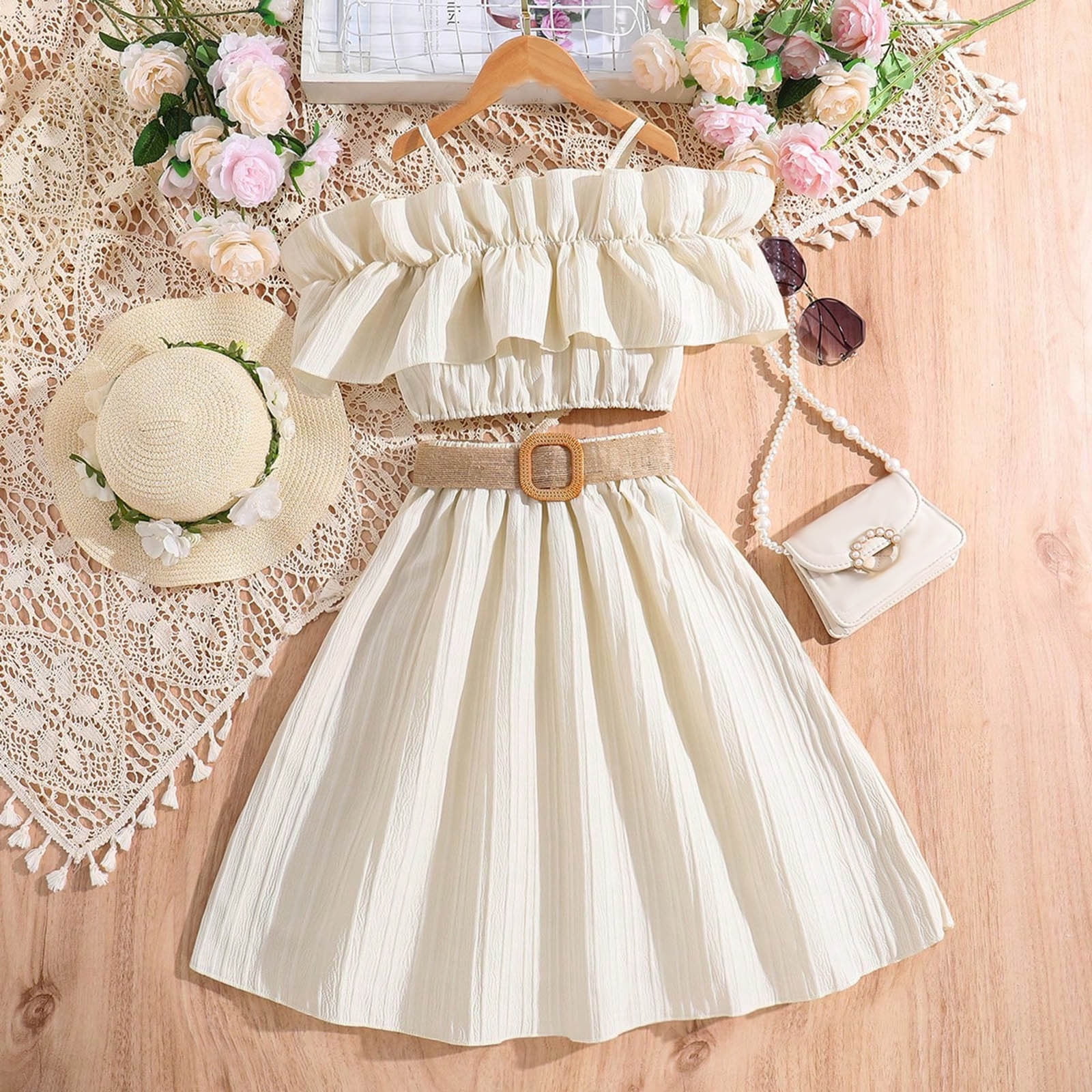Rovga Kid Clothing For Girls Fashion Round Neck Sleeveless Clothes Set Solid Color Dresses Outfits Photograph Playsuit 9-10 Years Beige - Image 5