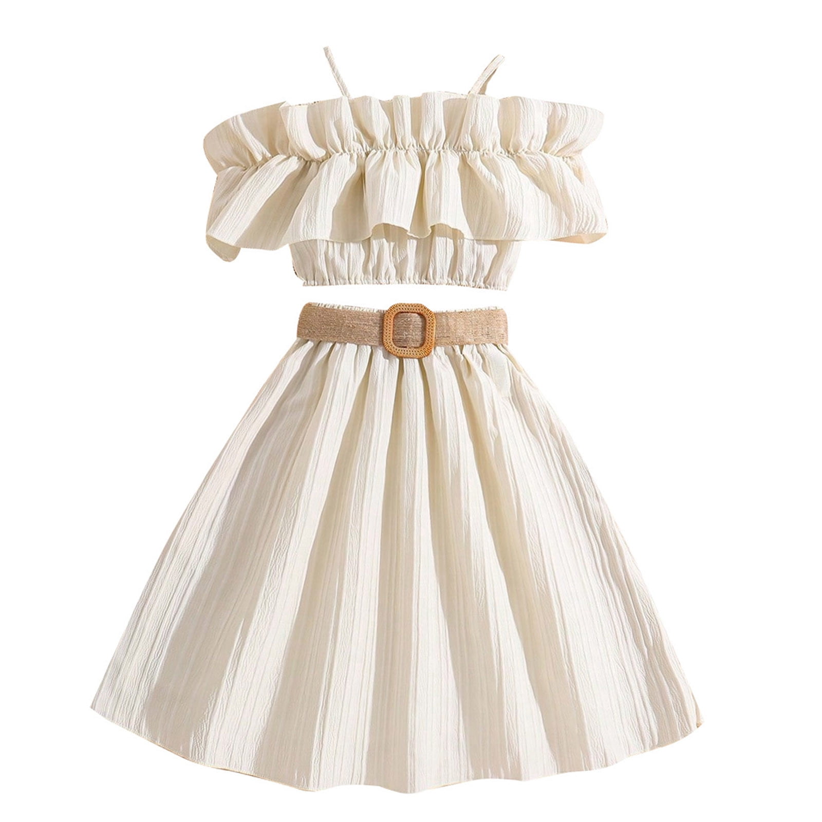 Rovga Kid Clothing For Girls Fashion Round Neck Sleeveless Clothes Set Solid Color Dresses Outfits Photograph Playsuit 9-10 Years Beige
