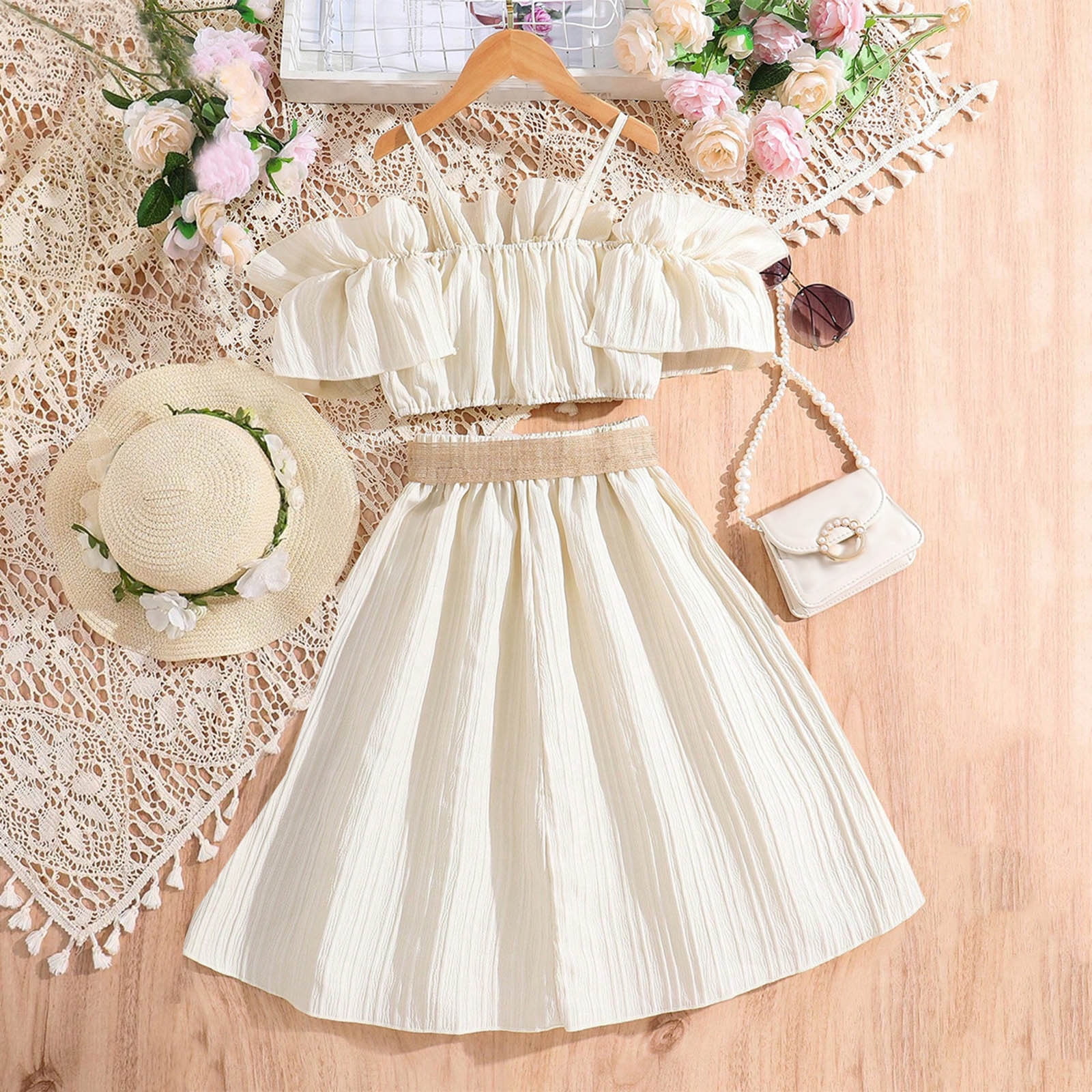 Rovga Kid Clothing For Girls Fashion Round Neck Sleeveless Clothes Set Solid Color Dresses Outfits Photograph Playsuit 9-10 Years Beige - Image 4