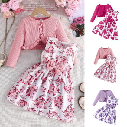 SGFCWSX Girls 2-Piece Outfit, Floral Sleeveless Dress with Bow and Ruffled Knit Cardigan, Kids Casual Elegant Clothing Set Pink Size 6-7Years