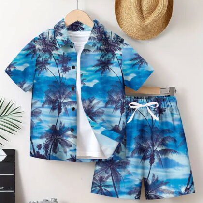 Tdoqot Boys Hawaii Shirts and Shorts Outfit Sets- Casual Fashion Button Down Summer Kids Beach Vacation Clothes Blue Size 7-14