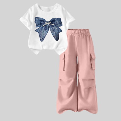 Tdoqot Girls Summer Outfits Set- Short Sleeve Cute Lightweight Casual Graphic T Shirts and Cargo Pants Kids Clothes Pink Size 5-14