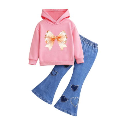 Tdoqot Toddler Girls Outfit Sets- Casual Cotton Long Sleeve Cute Hoodie and Flare Jeans Kids Spring Clothes Pink Size 5 T