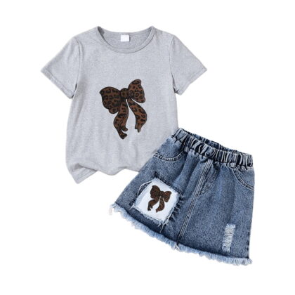 Teen Girl Clothes Trendy Kid Girls Clothes Outfits Cute Sweet Bowknot Print T-Shirt + Bowknot 2 In 1 Denim Short Summer Clothing Set