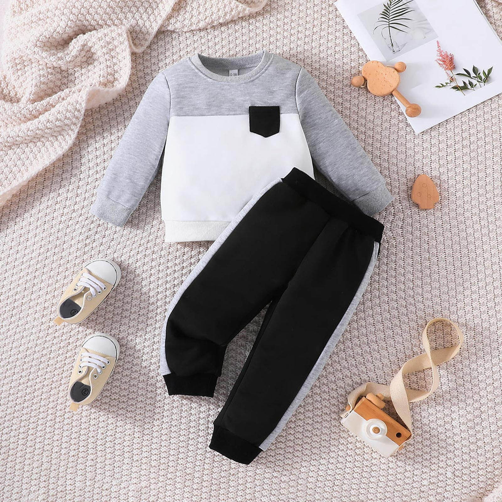 Toddler Boy Clothes Set Long Sleeve Patchwork Color Pocket Tops Solid Color Pants Two Piece Casual Sports Outfits Set Kids Clothes Fall Winter Outfit,Size 18 Months-24 Months - Image 4