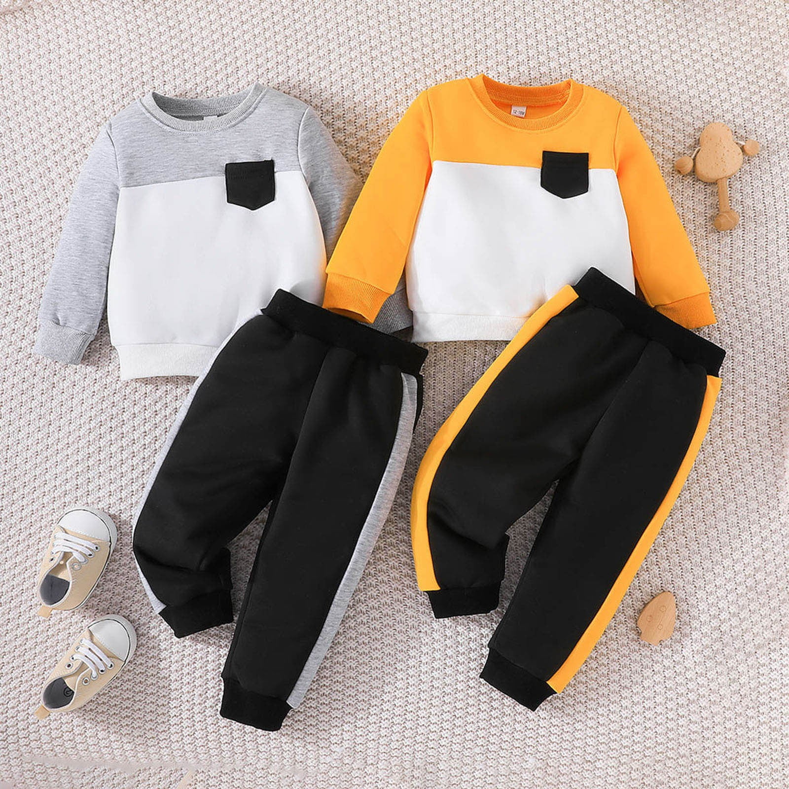 Toddler Boy Clothes Set Long Sleeve Patchwork Color Pocket Tops Solid Color Pants Two Piece Casual Sports Outfits Set Kids Clothes Fall Winter Outfit,Size 18 Months-24 Months - Image 3