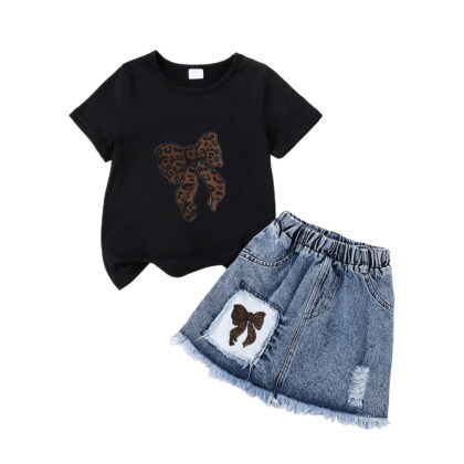 TOWED22 Kid Girls Clothes Outfits 2 Piece Cute Sweet Bowknot Print T-Shirt + Bowknot Print Denim Skirt Summer Clothing Set(Black,2-3 Y)