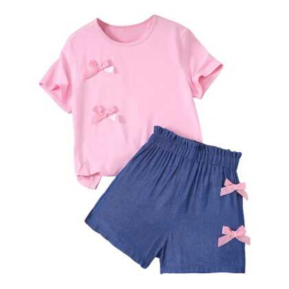 UAYOTSE Kid Girls Clothes Outfits Cute Sweet Bowknot Print T Shirt + Bowknot 2 In 1 Denim Short Summer Clothing Set,Sizes 11-12 Years