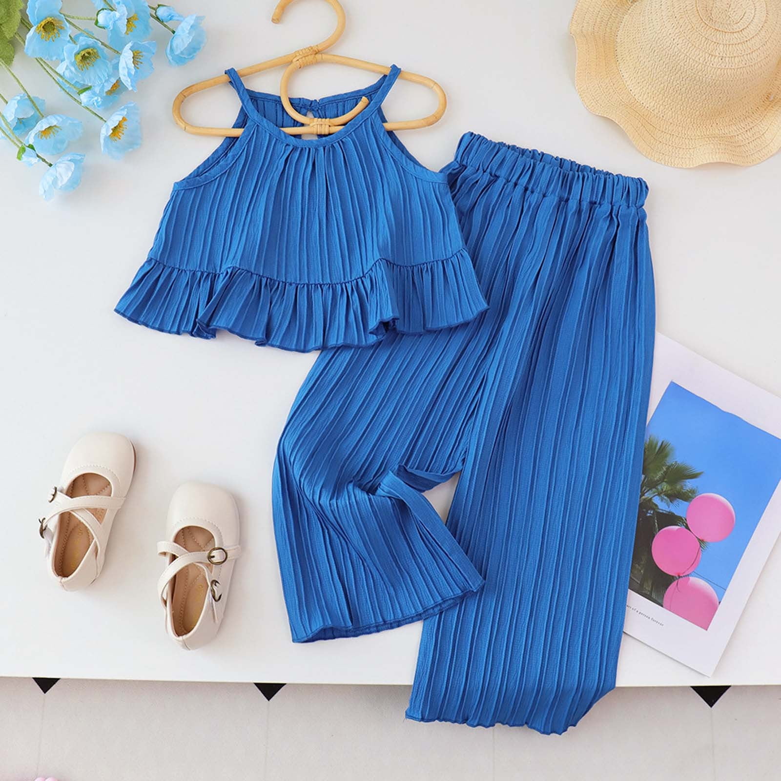 Utlike Girls Outfit Sets Baby Clothes Toddler Summer Outfits Sleeveless Ruffle Halt Er Tops Wide Leg Pants Kids Clothing Set Girls Holiday Dresses Sets Size 3 Years-4 Years - Image 5