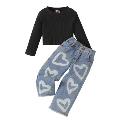 Xudanell Toddler Girls Clothes 2T 3T 4T 5T 6T Ribbed Baby Kids Girl Denim Outfits Long Sleeve Tops Love Hearts Jeans Pant (Black, 3-4 Years)