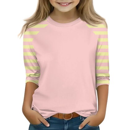 Xyxonk Girls Color Block Printed 3/4 Sleeve Shirt Trendy Plain Shirts Size 10-12 Summer Cute Shirt Kids Crewneck Knit Tshirt Girls Tops Tween Girls Clothes Girls Size 10 Summer Clothes Beige 130