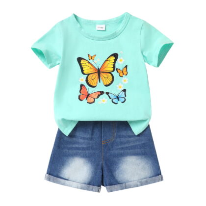 Younger Tree Baby Girl Shorts Outfit Kid Summer Print T-Shirt Denim Shorts Clothes Set for 2-3T