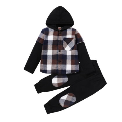 Younger Tree Toddler Baby Boy Clothes Hoodie Sweatsuit Outfits Kids Winter Flannel Plaid Shirt Top Pants Set for 2-3T