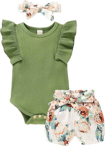 Younger Tree Toddler Baby Girl Summer Short Sleeve Romper Shorts Headband Clothes Outfits Set,Size 0-24 Months