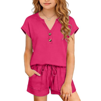 ZOYOEN Girls Fashion Outfit Sets- Soft Loose Fit Short Sleeve Casual Kids Summer Clothes Hot Pink Size 6-14