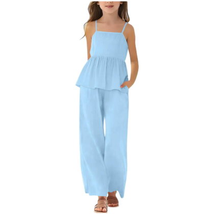 ZOYOEN Girls Halter Tank Tops and Pants Outfit Sets- Cotton Linen Casual Loose Fit Kids Summer Vacation Clothes Blue Size 8