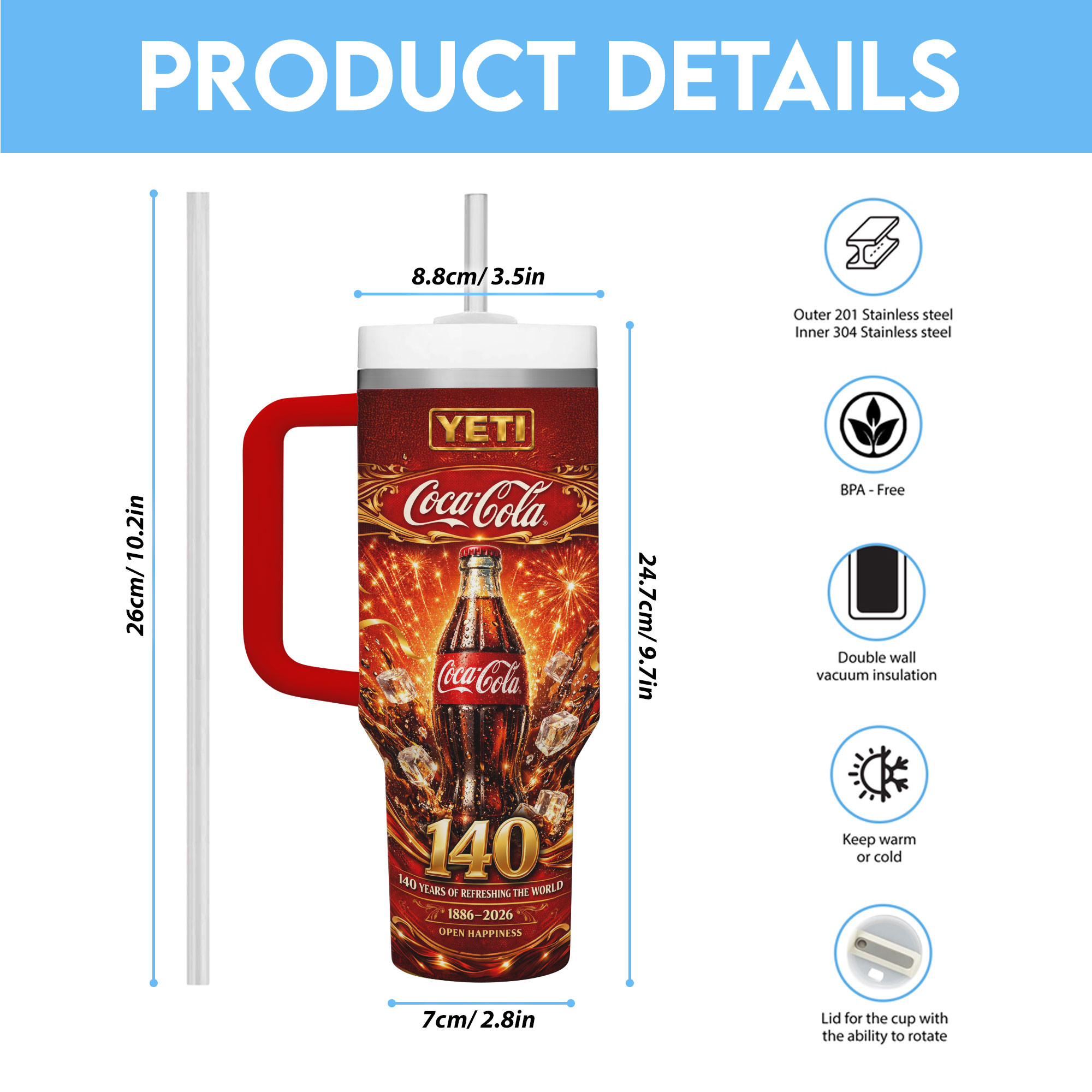 Premium 40oz Tumbler with Handle - Recycled Stainless Steel, Double-Wall Vacuum Insulated - Image 3