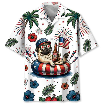 Pug Dog Hawaiian Shirt - Patriotic 4th of July Design - 100% Polyester