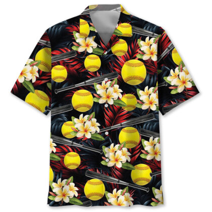 Plumeria Tropical Softball Hawaiian Shirt - 100% Polyester Short Sleeve