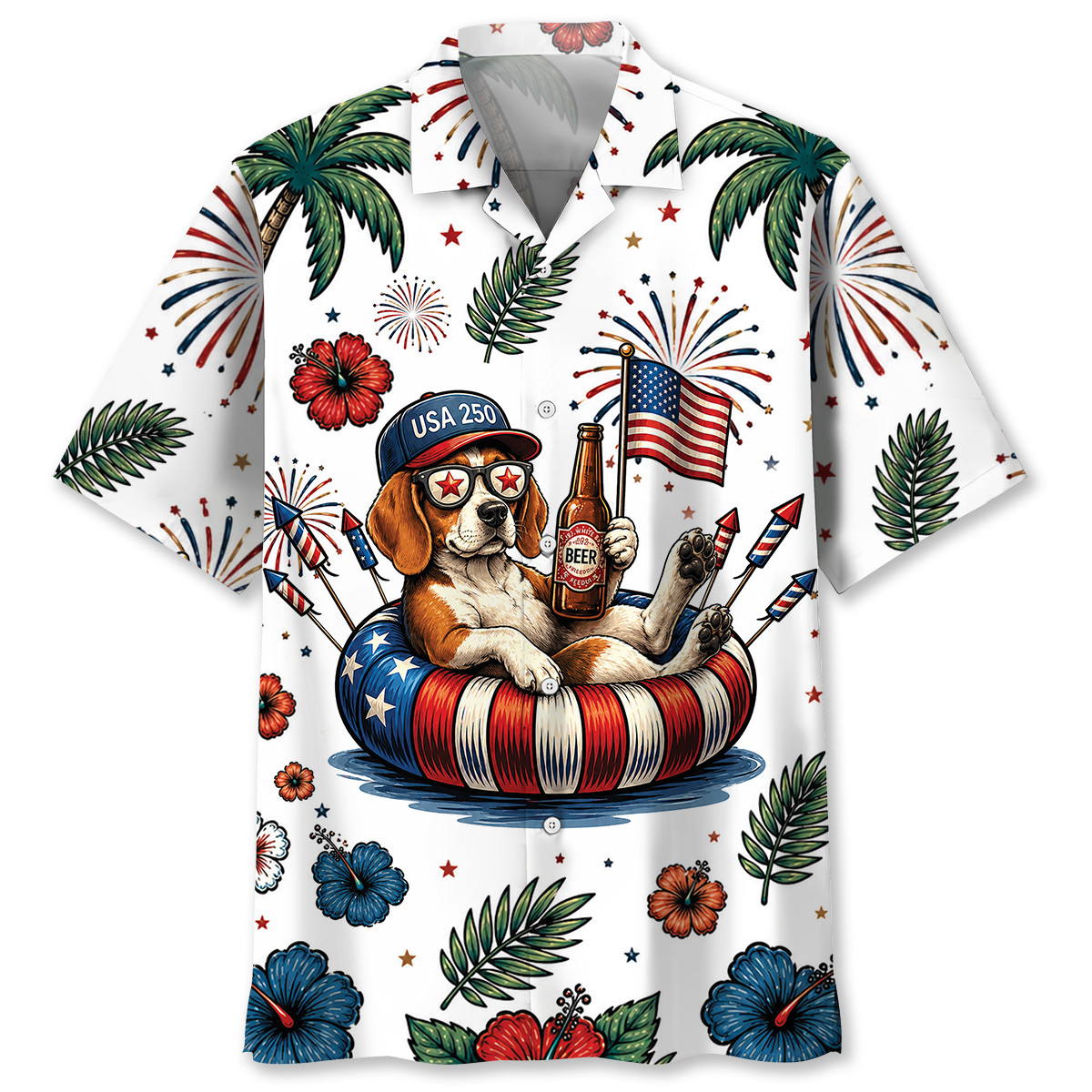 Beagle Dog Hawaiian Shirt - Patriotic 4th of July Design - 100% Polyester