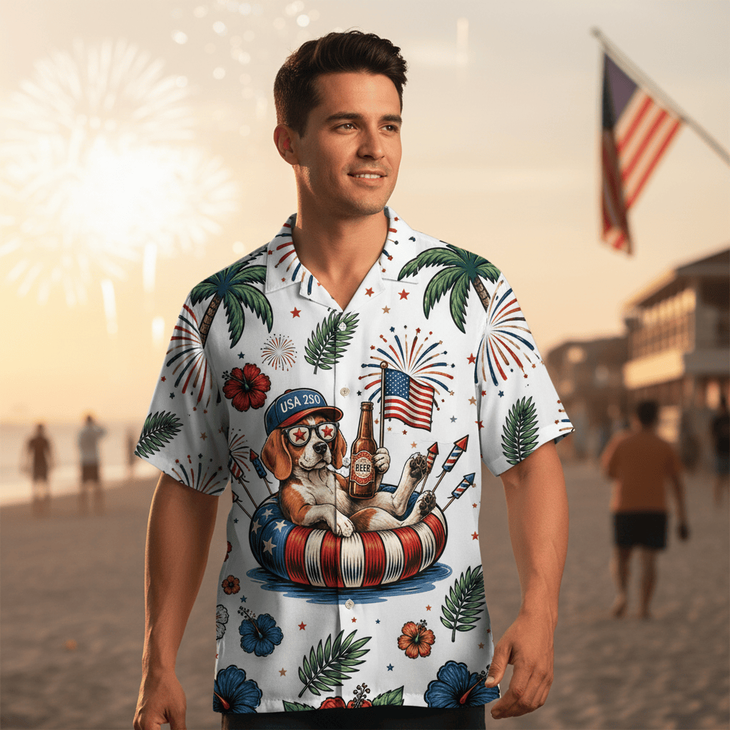 Beagle Dog Hawaiian Shirt - Patriotic 4th of July Design - 100% Polyester - Image 6