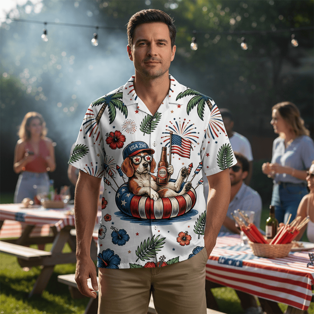Beagle Dog Hawaiian Shirt - Patriotic 4th of July Design - 100% Polyester - Image 7