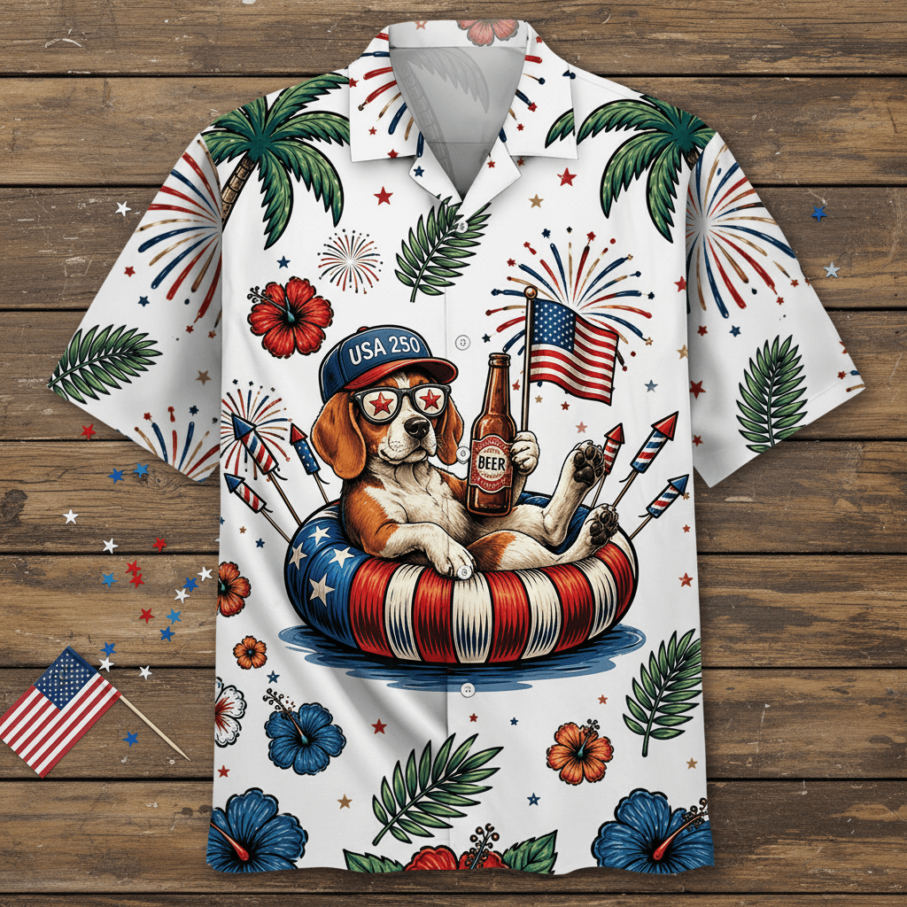Beagle Dog Hawaiian Shirt - Patriotic 4th of July Design - 100% Polyester - Image 2