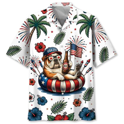 Patriotic English Bulldog 4th of July Dog Hawaiian Shirt - 100% Woven Polyester