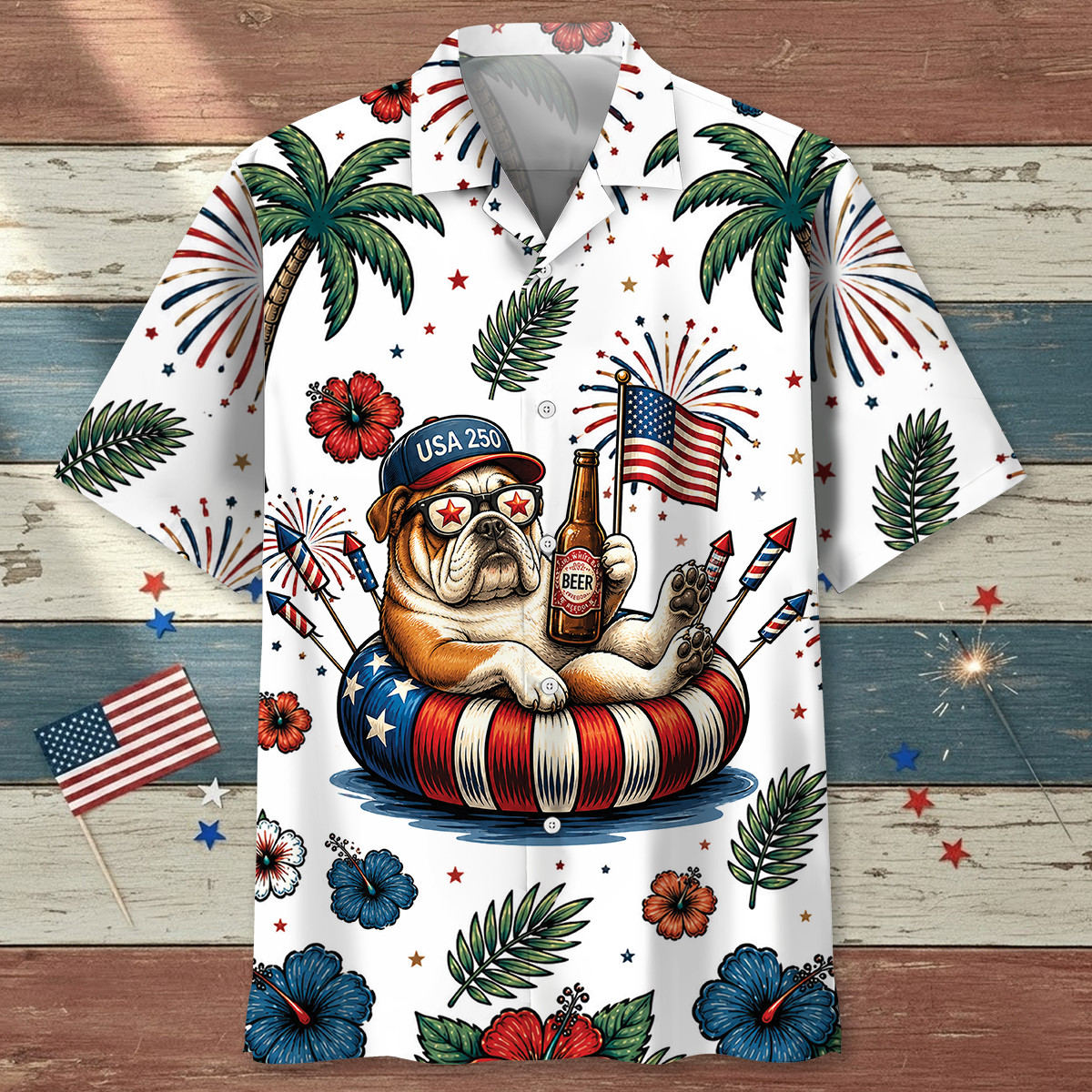 Patriotic English Bulldog 4th of July Dog Hawaiian Shirt - 100% Woven Polyester - Image 2