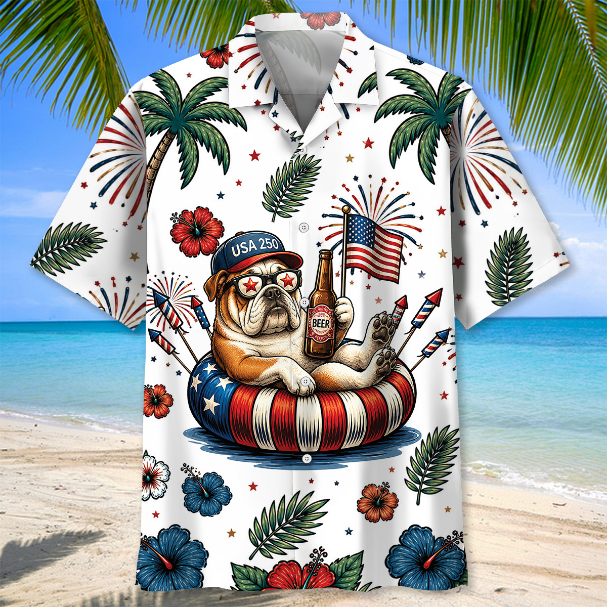 Patriotic English Bulldog 4th of July Dog Hawaiian Shirt - 100% Woven Polyester - Image 3