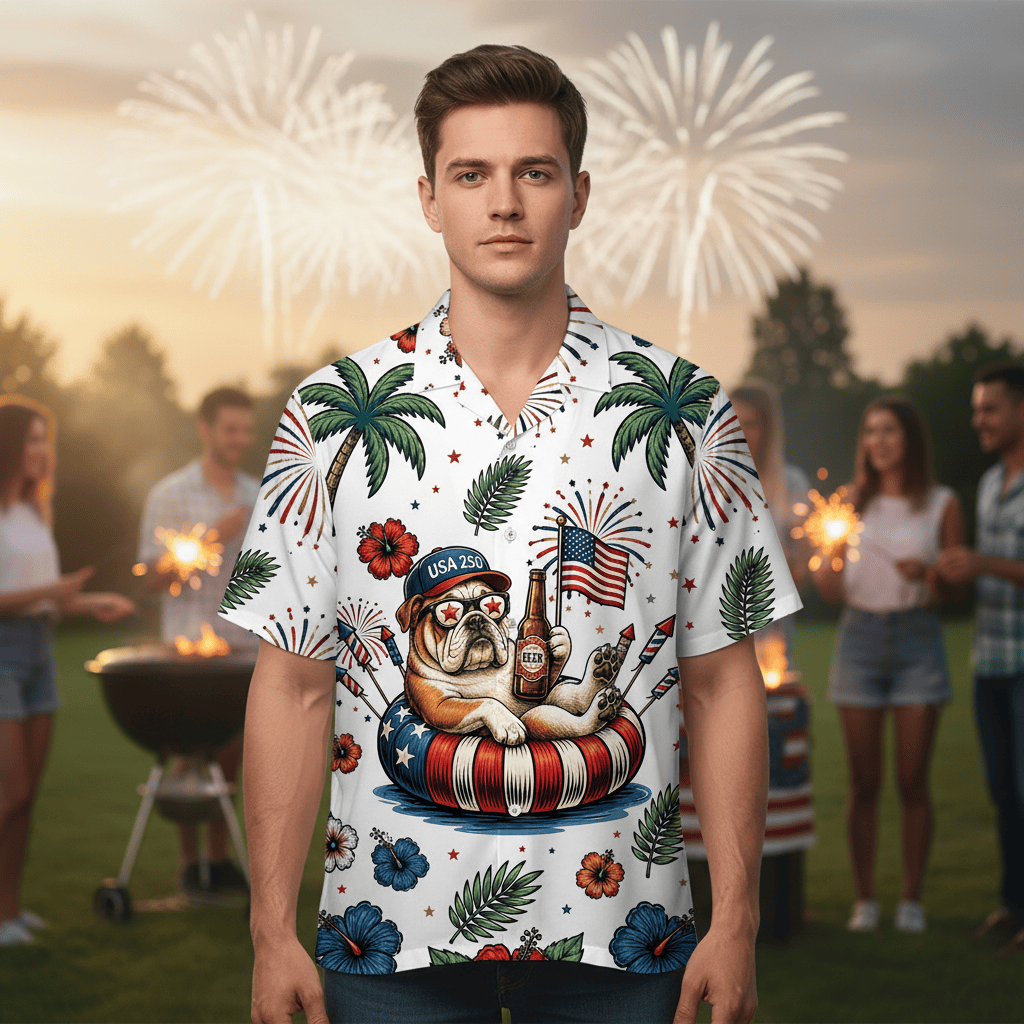 Patriotic English Bulldog 4th of July Dog Hawaiian Shirt - 100% Woven Polyester - Image 6