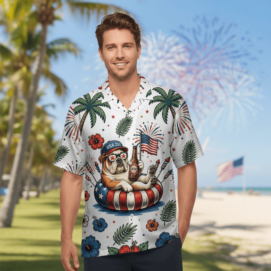 Patriotic English Bulldog 4th of July Dog Hawaiian Shirt - 100% Woven Polyester - Image 7