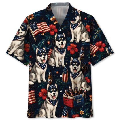 Husky Dog Hawaiian Shirt - Patriotic Design, 100% Woven Polyester, Short Sleeve