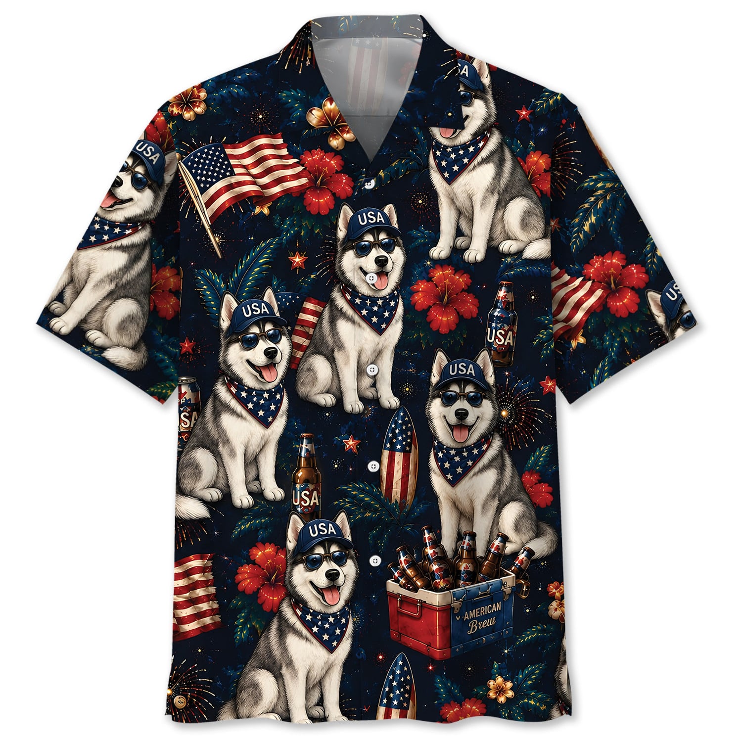 Husky Dog Hawaiian Shirt - Patriotic Design, 100% Woven Polyester, Short Sleeve