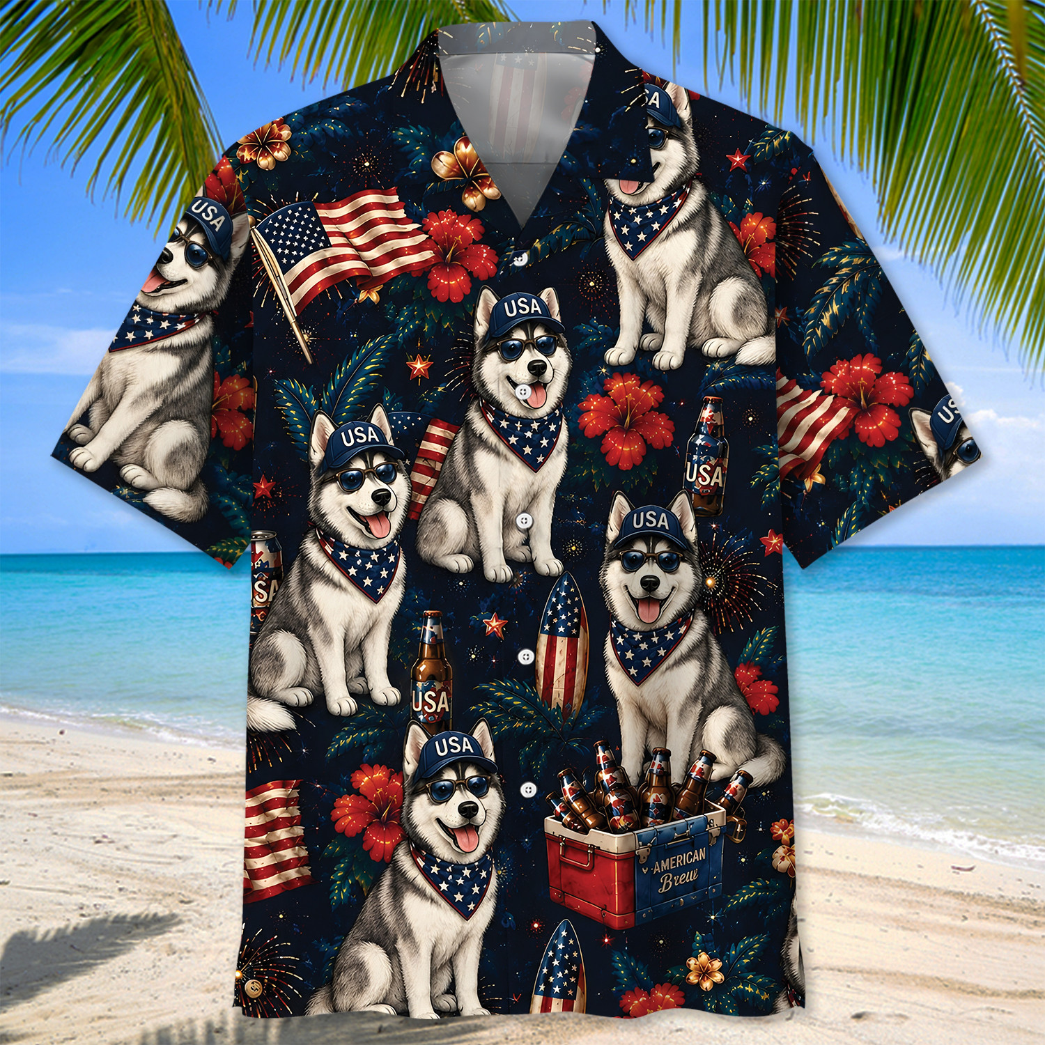 Husky Dog Hawaiian Shirt - Patriotic Design, 100% Woven Polyester, Short Sleeve - Image 2