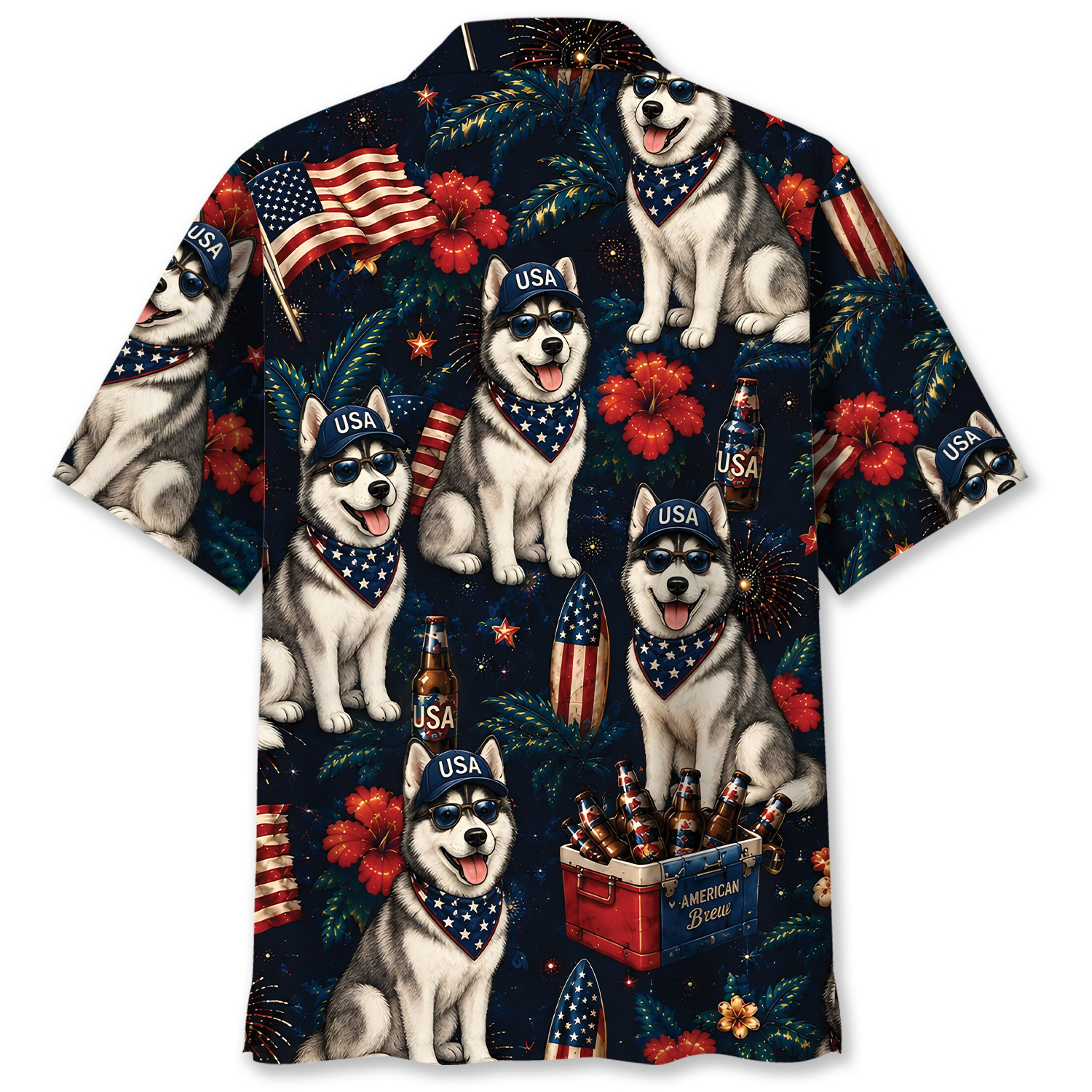 Husky Dog Hawaiian Shirt - Patriotic Design, 100% Woven Polyester, Short Sleeve - Image 3