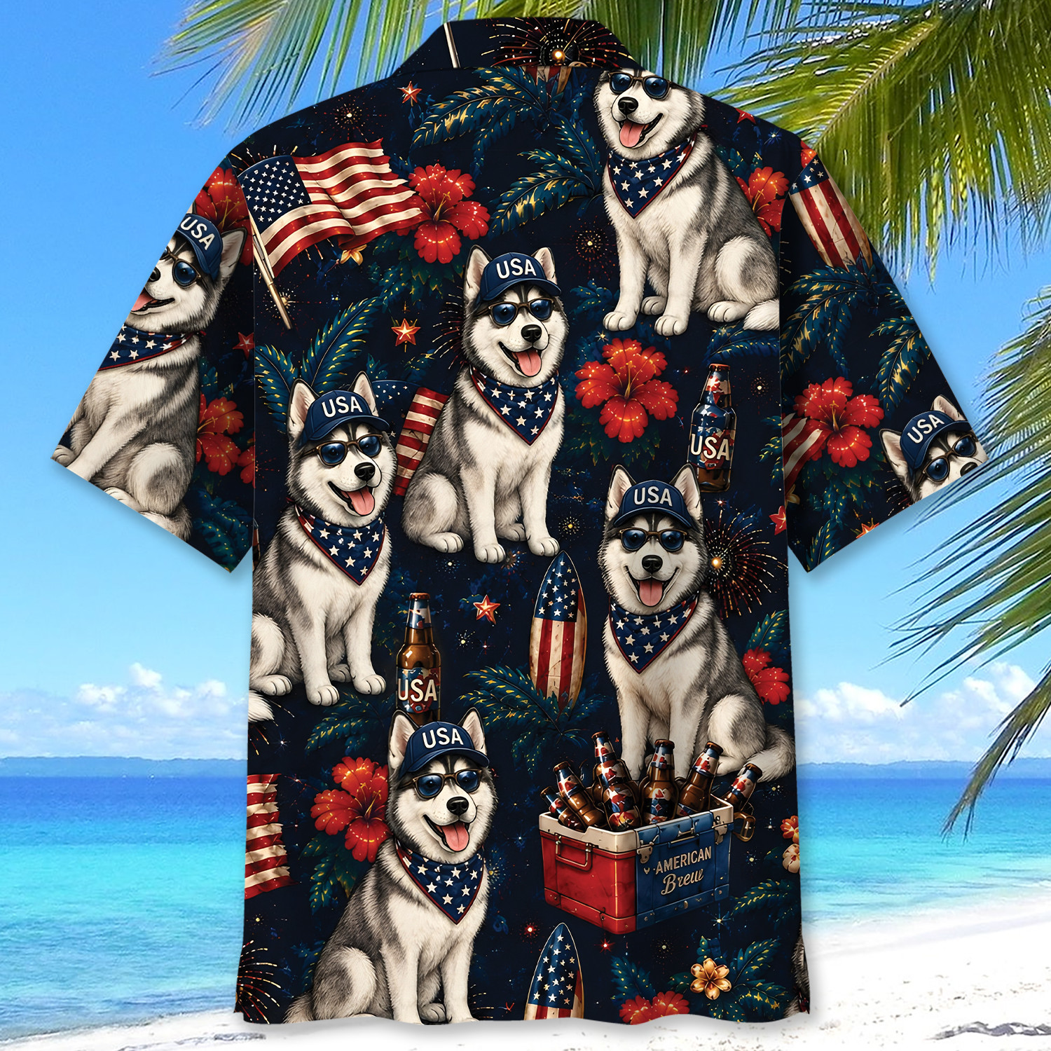 Husky Dog Hawaiian Shirt - Patriotic Design, 100% Woven Polyester, Short Sleeve - Image 4