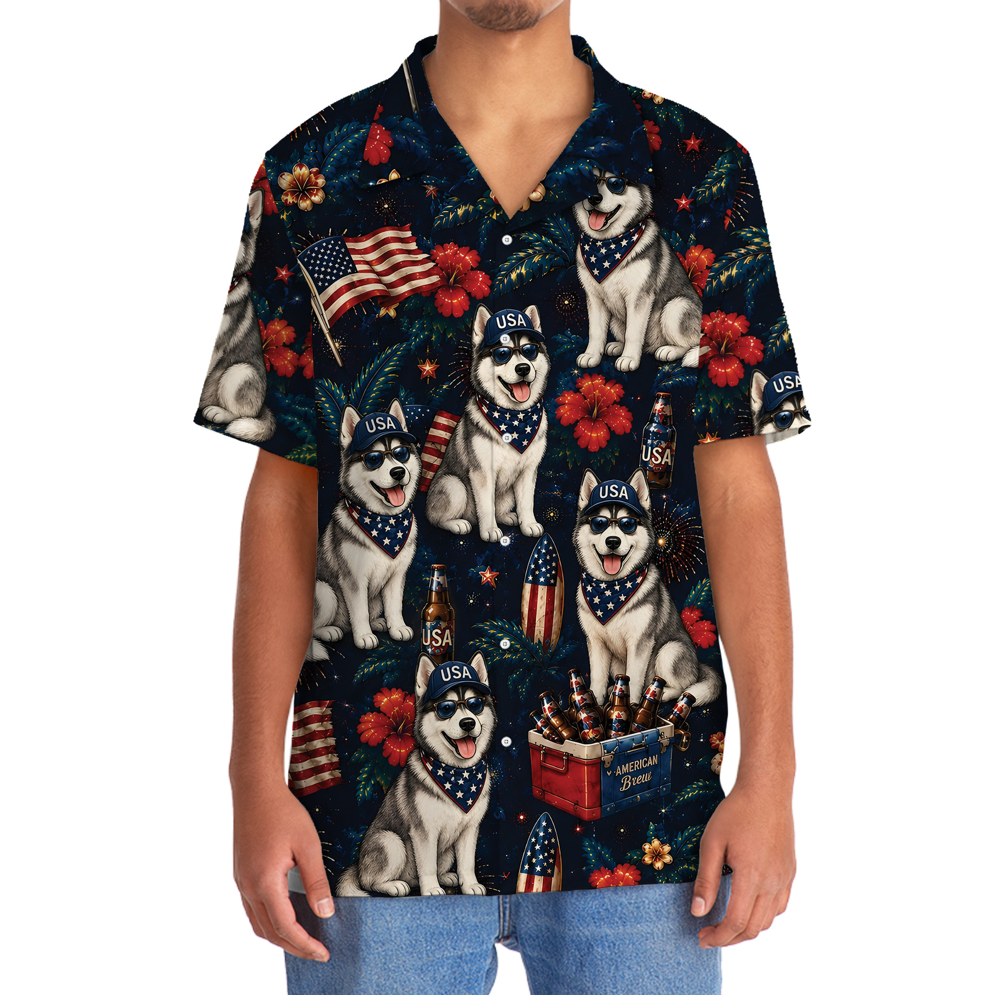 Husky Dog Hawaiian Shirt - Patriotic Design, 100% Woven Polyester, Short Sleeve - Image 5