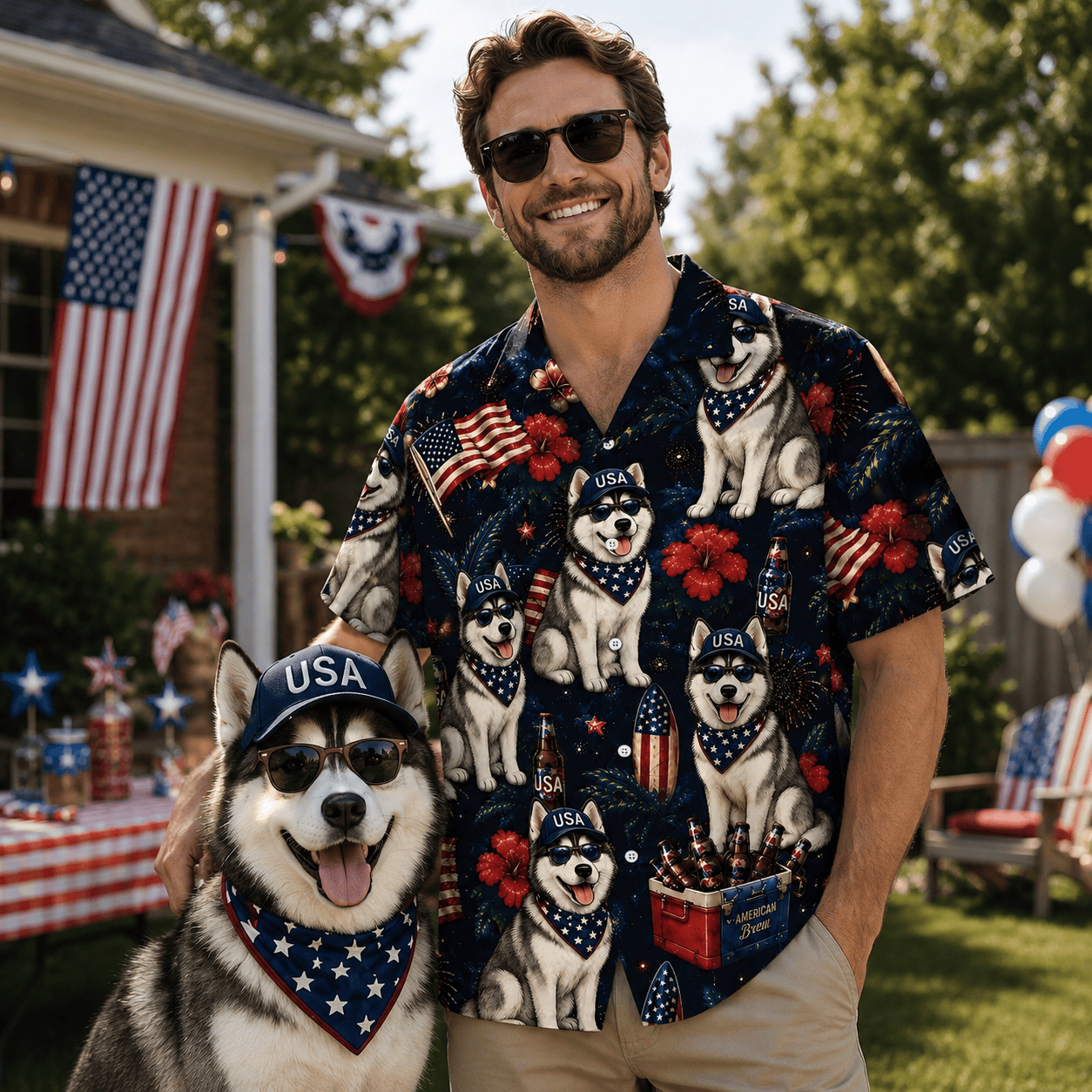 Husky Dog Hawaiian Shirt - Patriotic Design, 100% Woven Polyester, Short Sleeve - Image 6