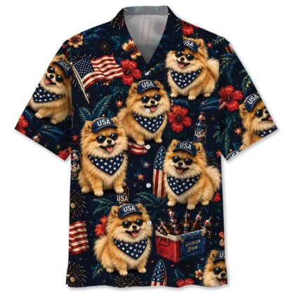 Pomeranian Dog Hawaiian Shirt - Patriotic Design, 100% Polyester, Short Sleeve