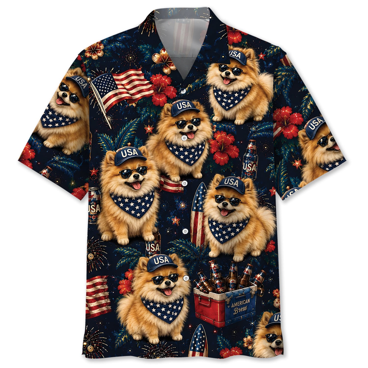 Pomeranian Dog Hawaiian Shirt - Patriotic Design, 100% Polyester, Short Sleeve