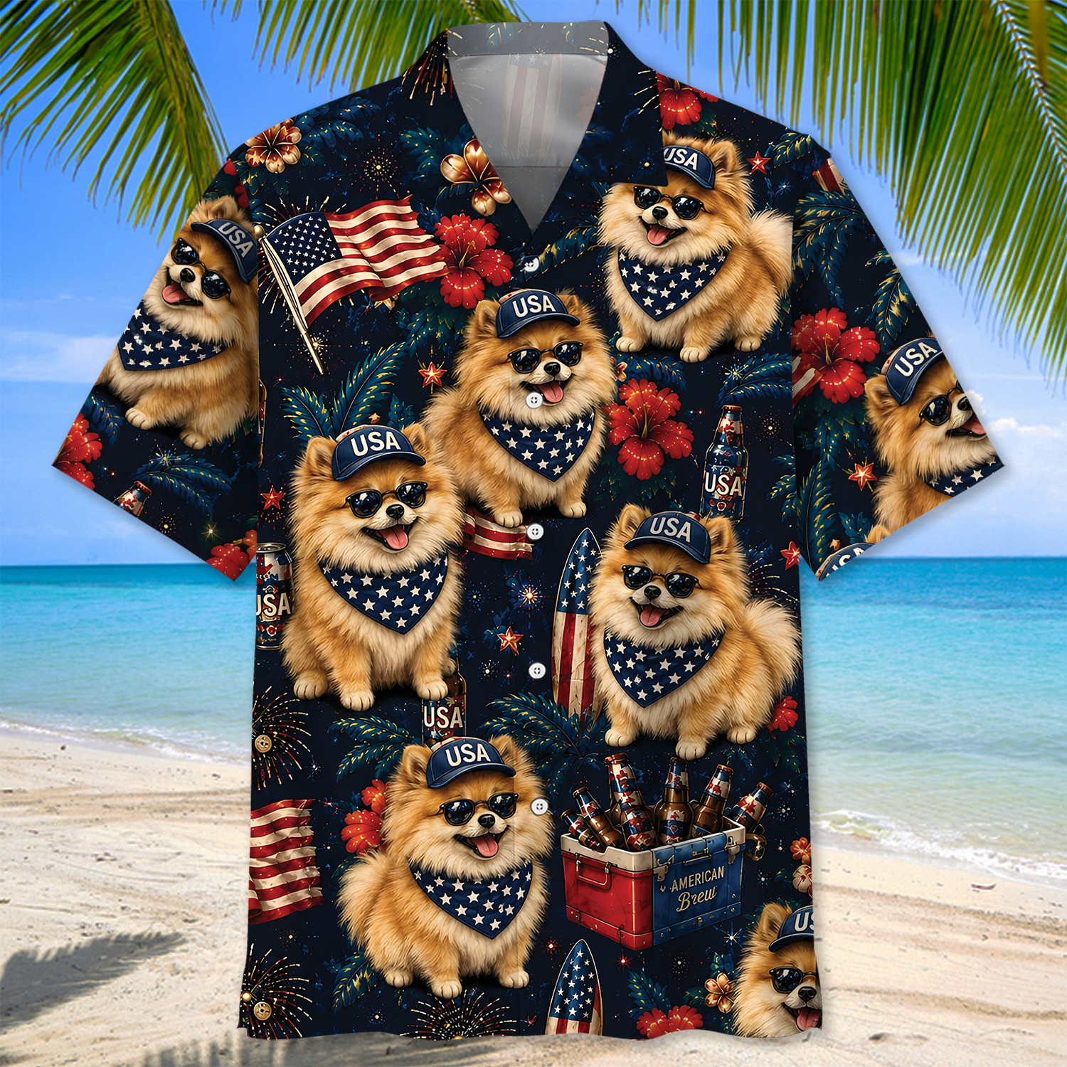 Pomeranian Dog Hawaiian Shirt - Patriotic Design, 100% Polyester, Short Sleeve - Image 2