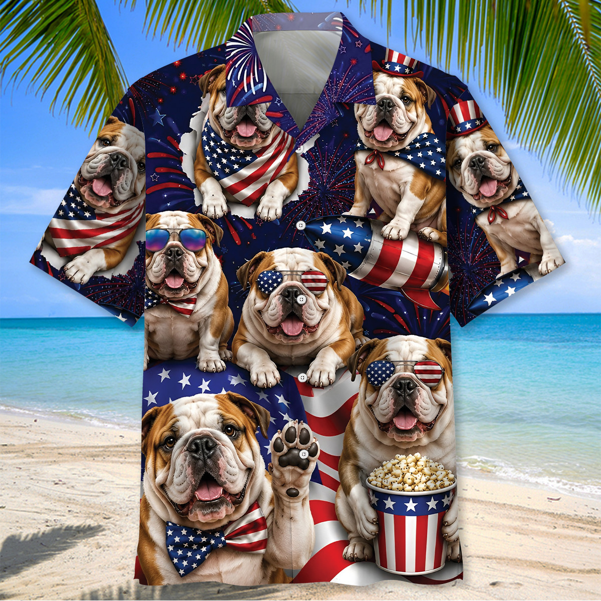 English Bulldog Hawaiian Shirt for Men, 4th of July Patriotic Summer Beach Shirt, 100% Polyester - Image 2