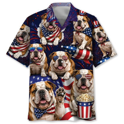 English Bulldog Hawaiian Shirt for Men, 4th of July Patriotic Summer Beach Shirt, 100% Polyester