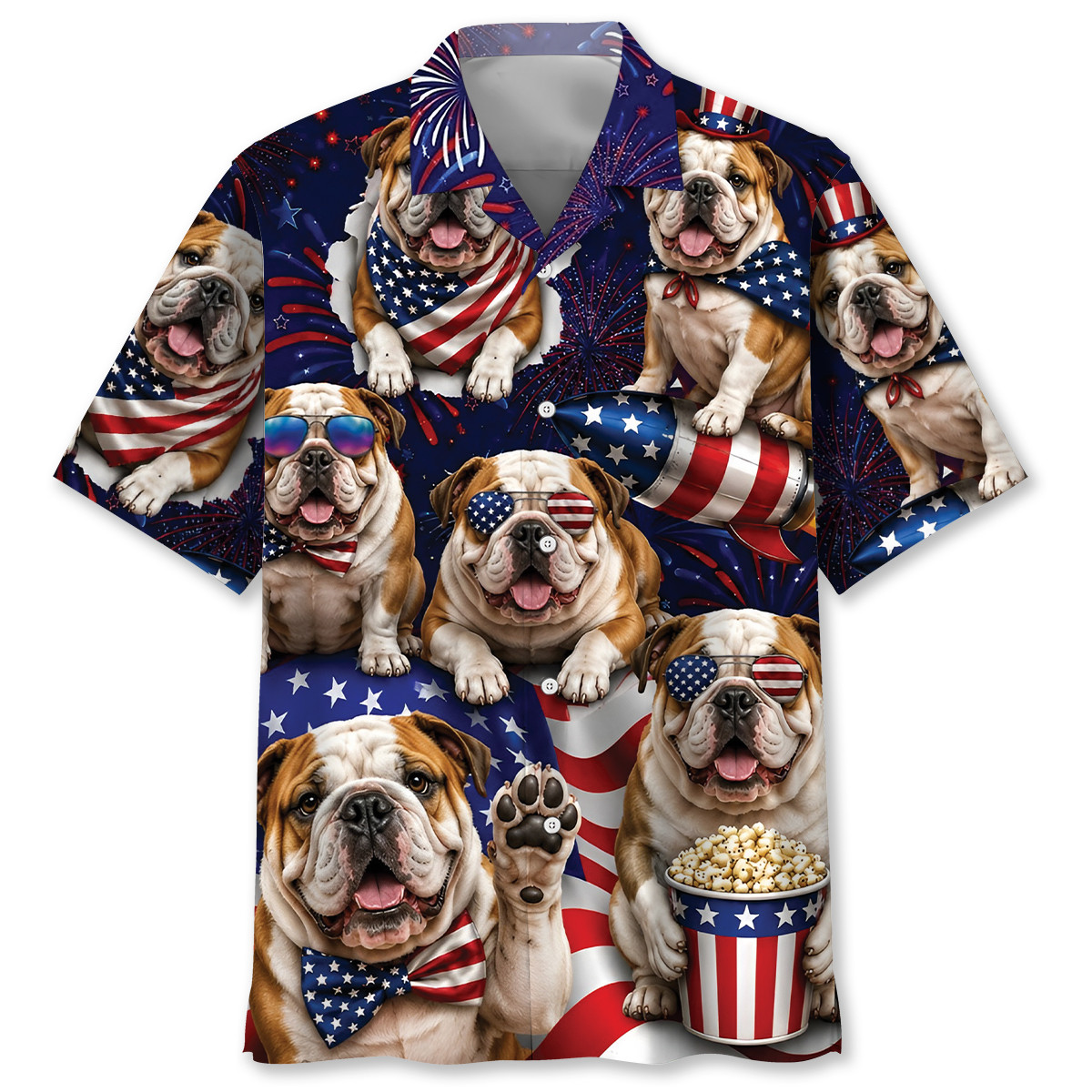 English Bulldog Hawaiian Shirt for Men, 4th of July Patriotic Summer Beach Shirt, 100% Polyester