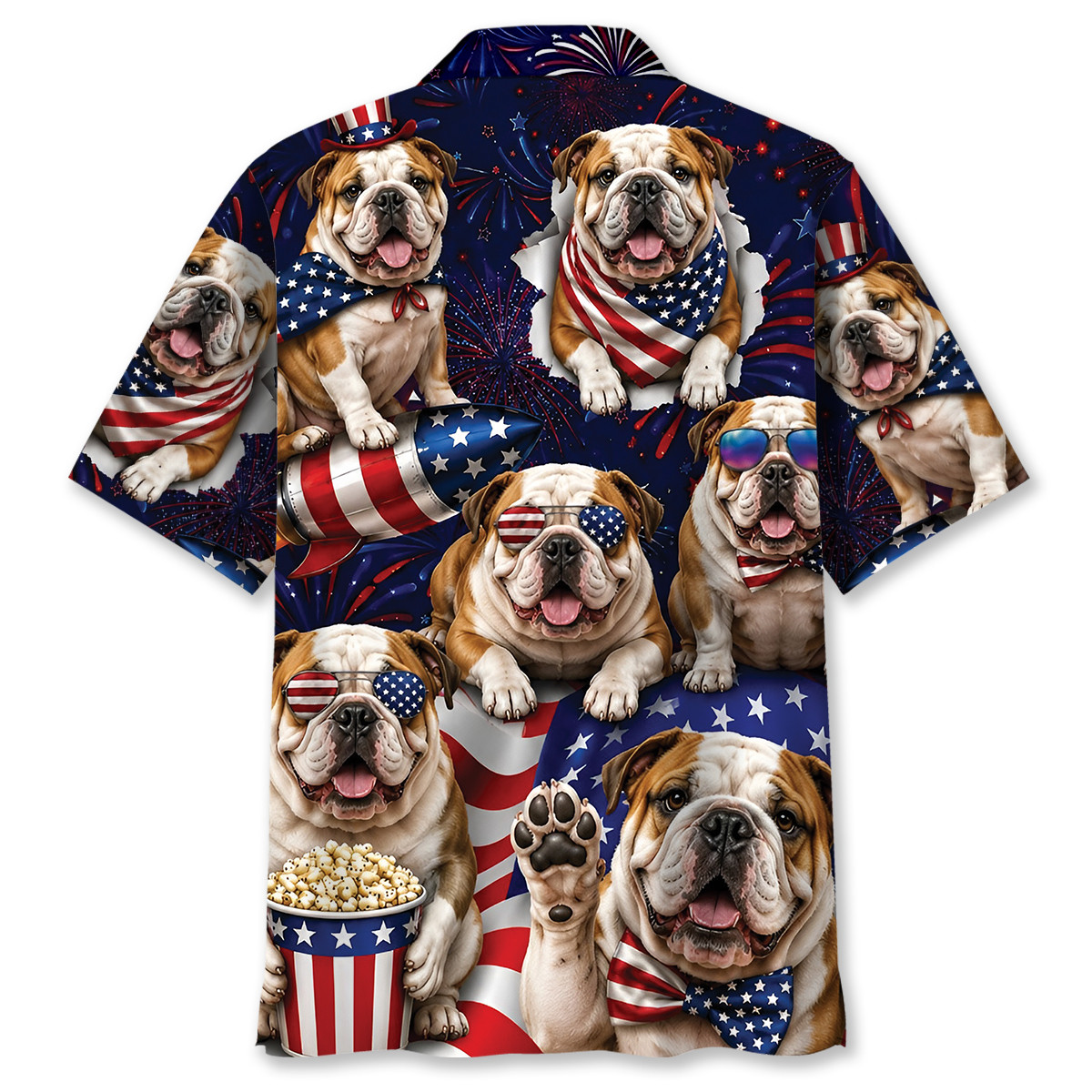 English Bulldog Hawaiian Shirt for Men, 4th of July Patriotic Summer Beach Shirt, 100% Polyester - Image 3