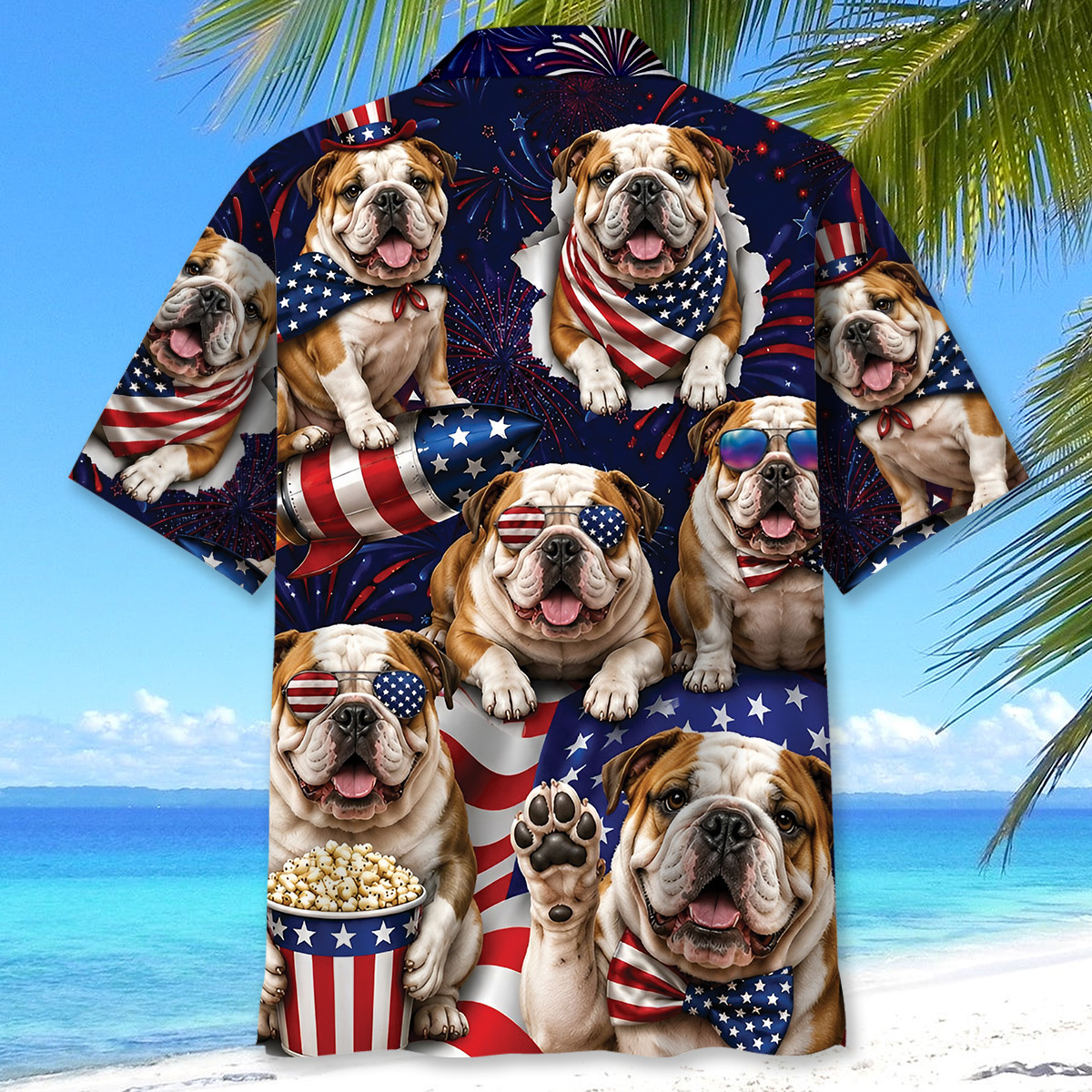 English Bulldog Hawaiian Shirt for Men, 4th of July Patriotic Summer Beach Shirt, 100% Polyester - Image 4
