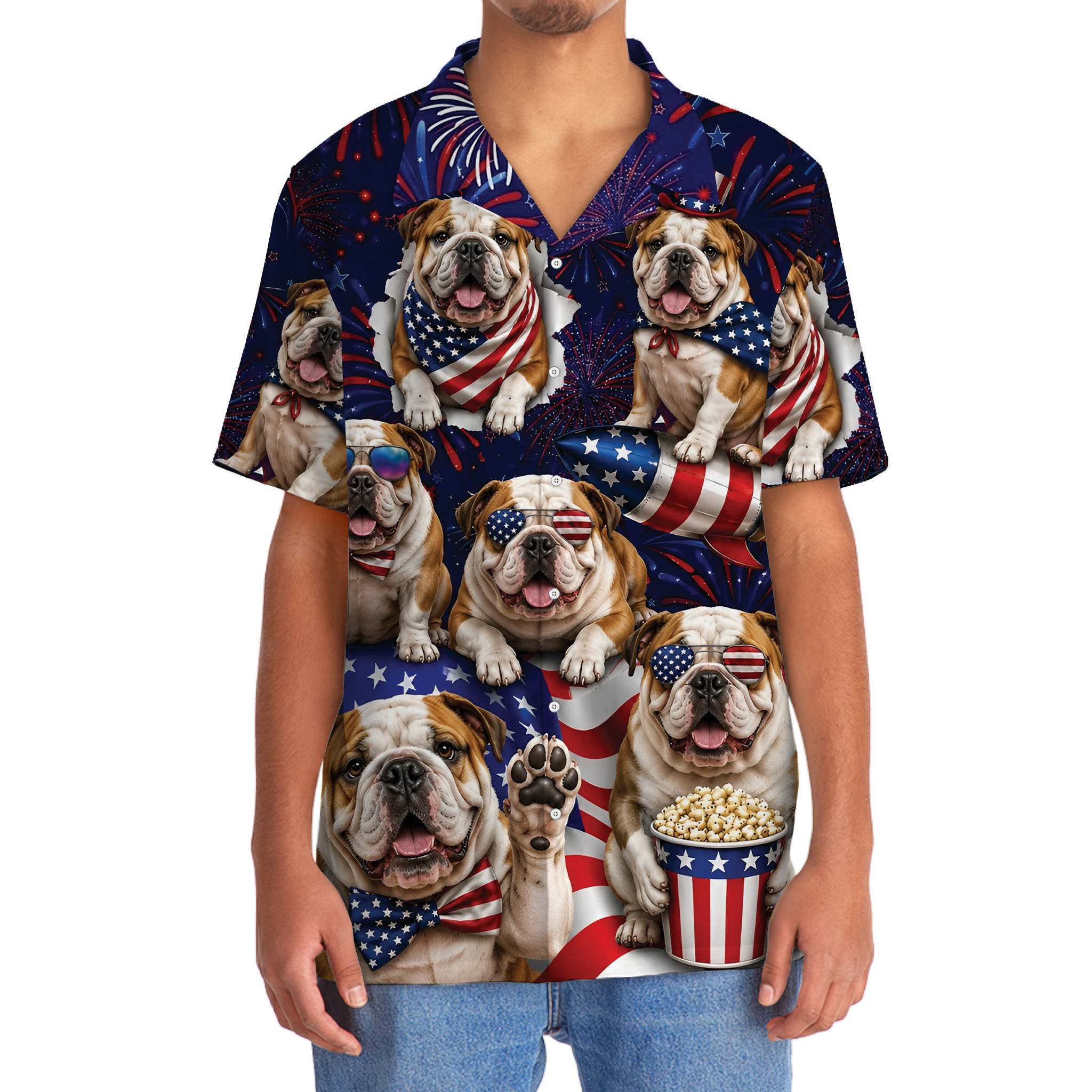 English Bulldog Hawaiian Shirt for Men, 4th of July Patriotic Summer Beach Shirt, 100% Polyester - Image 5