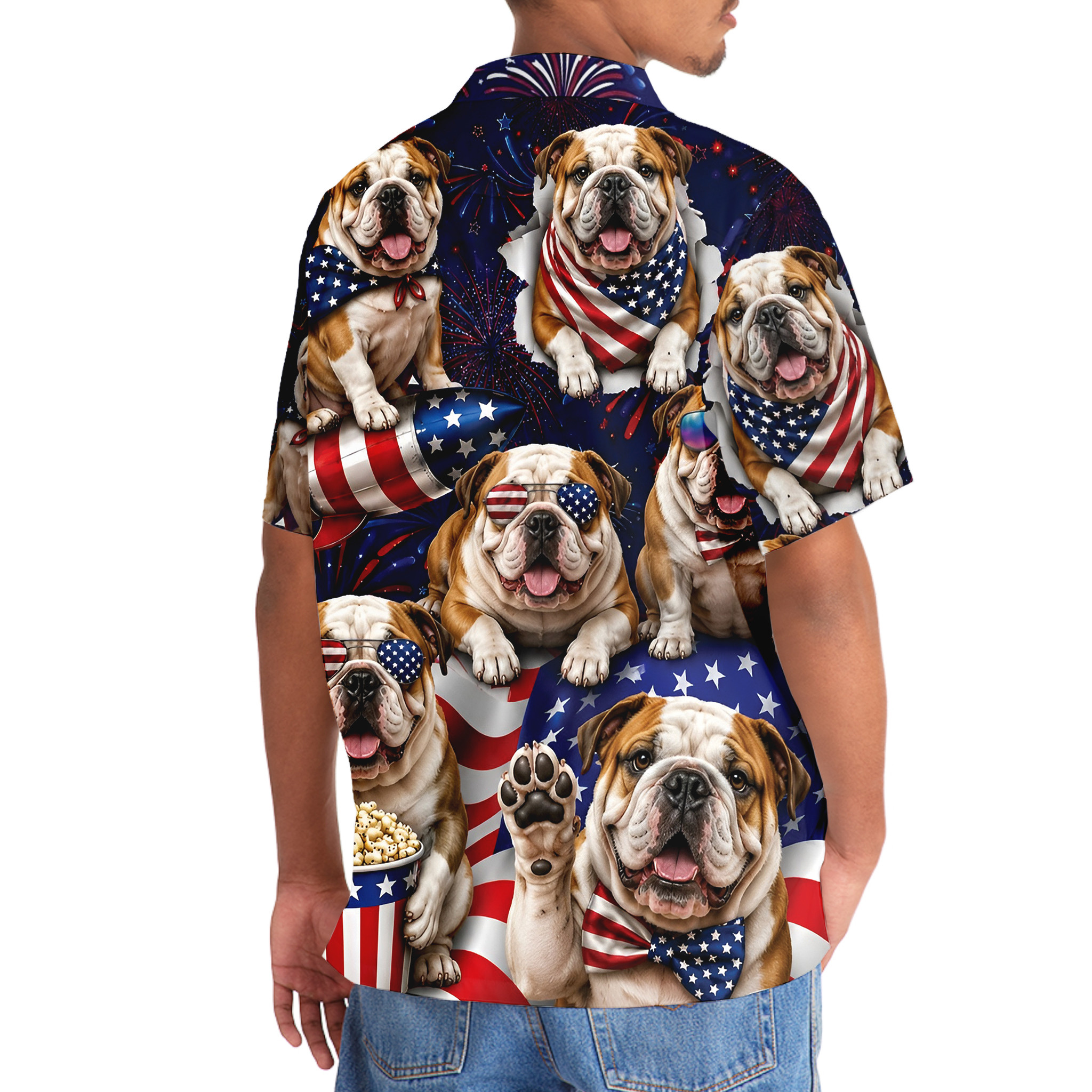 English Bulldog Hawaiian Shirt for Men, 4th of July Patriotic Summer Beach Shirt, 100% Polyester - Image 6